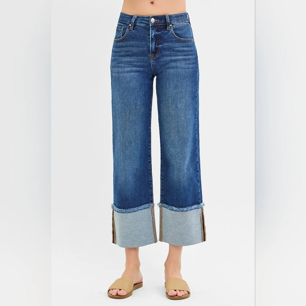 Risen Mid Rise Dark Wash Slim Wide Leg Wide Cuff Denim Jeans Stretch Various NEW - Picture 3 of 11